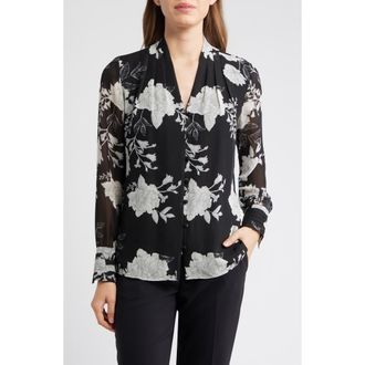 Anne Klein Floral Print Pleated Shirt in Black Multi/Black at Nordstrom, Size X-Small