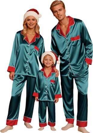 Generic Family Matching Pyjamas Sets Christmas Holiday Pajamas Silk Satin Sleepwear Loungewear Long Sleeve Button Down Pockets for Women Men Kids Adults Festi