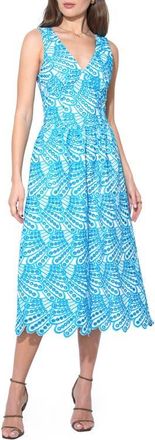 Adelyn Rae Joanna Basque Waist Midi Dress in White/Blue at Nordstrom, Size X-Small