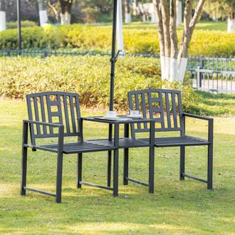 OUTSUNNY Tete-a-tete Chair 2-Seater Steel Bench w/ Coffee Table Backyard Porch in Black