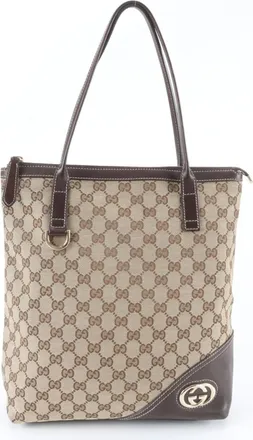Gucci Brown Leather Canvas Handbag Shoulder Bag Tote Bag (Pre-Owned)