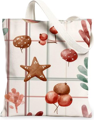 Generic Christmas Star Canvas Tote Bags, Artistic Floral Pattern Reusable Grocery Bags, Vintage Lightweight Washable Shoulder Strap, Beige, 13x15 Inch