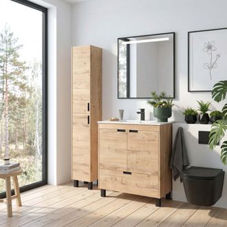 Cygnus Bath Mueble De Ba&ntilde;o Contessa 80cm Roble 2 Puertas 1 Caj&oacute;n Lavabo 1 Poza Porcelana