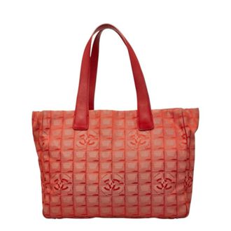 Chanel Red Color Nylon Leather Shoulder Bag Tote Bag (Pre-Owned)