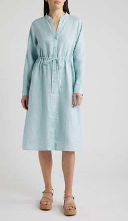 Eileen Fisher Mandarin Collar Long Sleeve Organic Linen Midi Shirtdress in Breeze at Nordstrom, Size Xx-Small