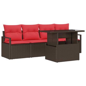 vidaXL Conjunto De Sof&aacute; De Jard&iacute;n 5 Pcs Marr&oacute;n Y Rojo Rat&aacute;n Sint&eacute;tico Vidaxl