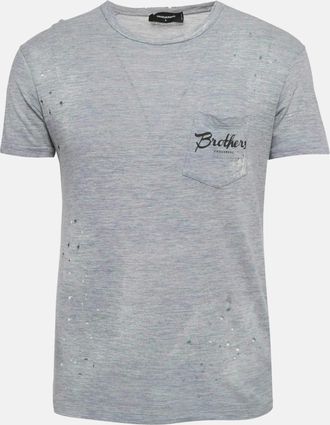 Dsquared2 Grey Printed Cotton Blend Distressed T-Shirt