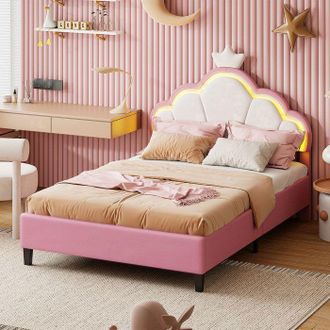 OEM Cama Infantil 90x200 Cm Princesa Led Terciopelo Rosa - Marco Contempor&aacute;neo Con Somier De Lamas