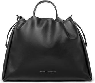 Brunello Cucinelli Large Soft leather Mellow Shopper bag in Black at Nordstrom