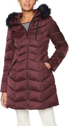 T Tahari Gwen Faux Fur Hood Down Puffer Jacket Long Coat In Merlot