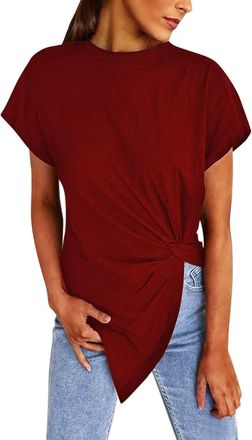 Generic Womens Summer Plain Top Knotted Asymmetric Crew Neck Knotted Short Sleeve T-Shirt Clitoral Stimulation, red, M