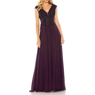 Mac Duggal Applique And Jeweled Encrusted Cap Sleeve Chiffon Gown in Aubergine at Nordstrom, Size 10