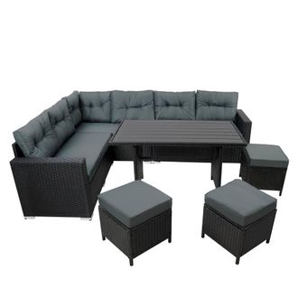 MonsterShop Rattan Corner Set With Composite Table - Black
