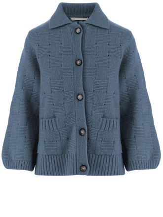 Allude Light Blue Checkered Knit Button-Down Sweater