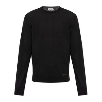 Versace Truien & Vesten, Heren, Zwart, L, Wol, Geborduurd wollen trui met ronde hals