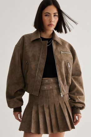 NASTY GAL Womens Distressed Faux Leather Bomber Jacket Co-Ord - Brown - Size 16 UK