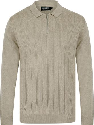 Kensington Eastside Mens Bowditch Long Sleeve Knitted Cotton Textured Stripe Polo Shirt with Zip Fasten Collar Stone Marl
