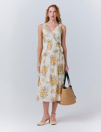 Ghost London Julia Cotton Floral Midi Wrap Dress in Yellow Floral at Nordstrom, Size 14