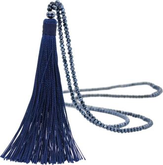 Generic Boho Crystal Glass Drop Beaded Tassel Necklace for Women Long Chain Sweater Pendant Statement Jewelry (Dark Blue, One Size)