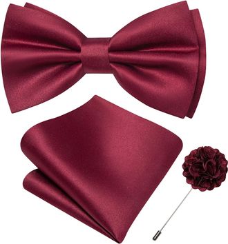 Barry.Wang Bow Tie for Men Solid Color Pre-tied Bowtie Pocket Square Lapel Pin Set Adjustable Formal Tuxedo Bowtie Party, Maroon, One size