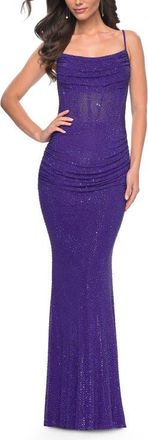La Femme Rhinestone Encrusted Net Jersey Gown with Ruching Detail in Indigo at Nordstrom, Size 10
