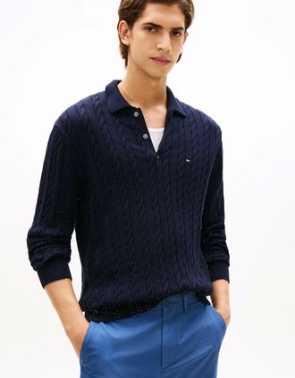 Tommy Hilfiger Mens Tommy Hilfiger Classic Cotton Cable Mens Long Sleeve Polo - Desert Sky - Blue/Black - Size: 40