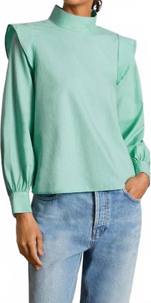 Everlane Wing Shoulder Mockneck Cotton Blouse In Jade Green