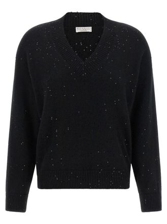 Brunello Cucinelli Black Embellished V Neck Sweater