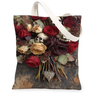 Generic Gothic Floral Canvas Tote Bags, Skull Rose Pattern Reusable Grocery Bags, Vintage Washable Shoulder Strap Canvas for Travel, Red, 13x15 Inch