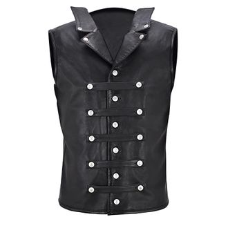 Generic Motorcycle Leather Vest Men Steam Punk Waistcoats For Men Black Orange Solid Color Waistcoat Revere Collar Waistcoats With Multi Pockets Vest Blazers 