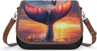 Generic Whale Tail Butterfly1 Sunset Crossbody Bag Womens Handbag PU Message Bags Shoulder Purse with Adjustable Strap