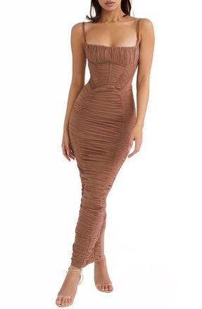 House of CB Lilian Corset Ruched Dress in Mocha at Nordstrom, Size X-Small D