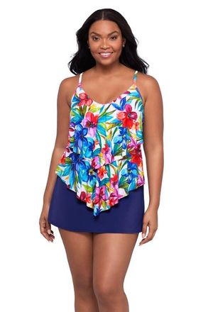 Trimshaper Ronnie 2 Tier Ruffle Tankini Swimsuit Top in Tropical Treasure at Nordstrom, Size 12
