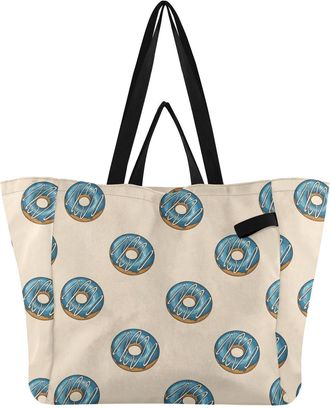 Generic Dessert Donuts Beige pattern Reusable Canvas Tote Bag, Heavy Duty Grocery Shopping Bag with Hard Bottom Large Capacity Double Handles Work Groceries T