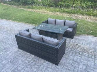 Fimous PE Wicker Outdoor Garden Furniture Set Patio Rattan Rectangular Dining Table Sofa 6 Seater in Dark Grey