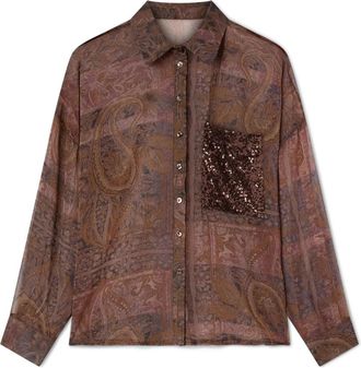 Motivi Chiffon blouse met paillettenzakje - Dames - Overhemden - Bruin - S - Chiffon - Overhemden