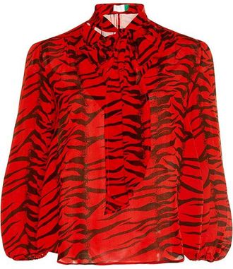 Rixo Moss Pussy-bow Tiger-print Silk-crepe Blouse Size M