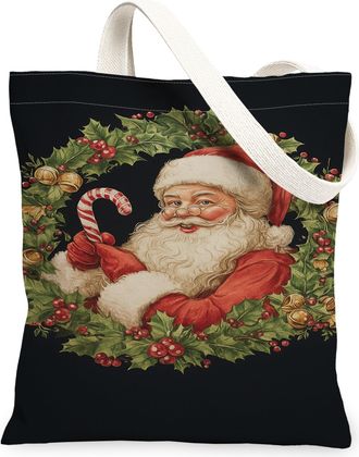 Generic Santa Claus Canvas Tote Bags, Vintage Holiday Print Reusable Shopping Bags, Festive Decorative Lightweight Washable Shoulde, Black, 13x15 Inch