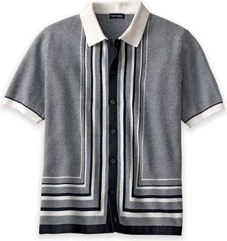 Paul Fredrick Cotton Button Front Polo Short Sleeve in Navy at Nordstrom, Size Xx-Large