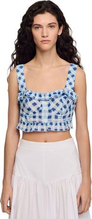 Sandro Gingham linen crop top in Blu /White at Nordstrom, Size X-Large