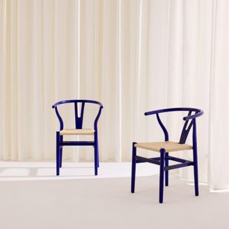 Sweeek Silla de madera con asiento de cuerda, set de 2, azul