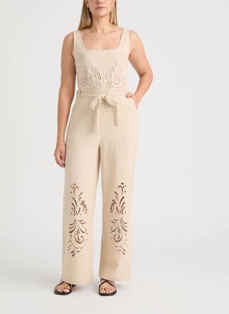 Ellen Tracy Womens Linen Jumpsuit with Embroidery Detailing