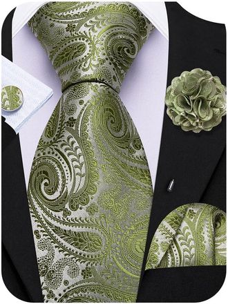Barry.Wang Green Tie 63 Paisley Silk Ties Set Pocket Square Cufflinks and Lapel Pin Extra Long Necktie Wedding Party
