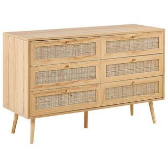 Beliani C&oacute;moda De Rat&aacute;n Madera Clara Dorado 120 X 42 Cm 6 Cajones Boho Perote