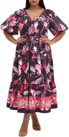 City Chic Simona Mixed Print Midi Dress in Calista Dark at Nordstrom, Size Xxxs