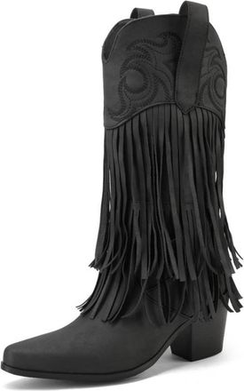 Generic Womens Western Style Pointed Toe Faux Leather Knee-High Boots Tassel Design Embroidered Detail Comfortable Anti-Slip Wear-Resistant For Casual Party D