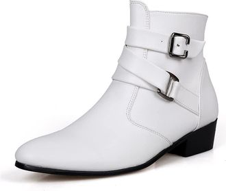 Generic Mens Chelsea Ankle Boots Duble Buckle Side Zip PU Slip On Non Slip Wearable Waterproof Anti-slip Dress Work Pull On(White,10.5 UK)