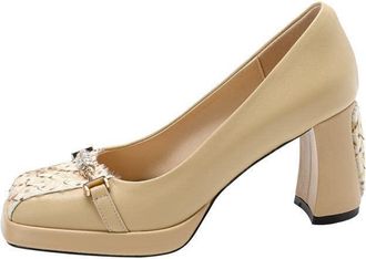 TinaCus Handmade Womens Patchwork Leather Square Toe Rhinestone Slip On High Block Heel Dress Pumps, Apricot, 1.5 UK