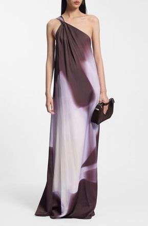 BOSS Dantea One-Shoulder Floral Print Gown in Mocha Faded Flower at Nordstrom, Size 14