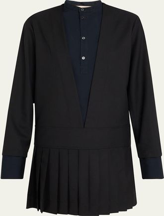Plan C Layered Long-Sleeve Pleated Mini Shirtdress